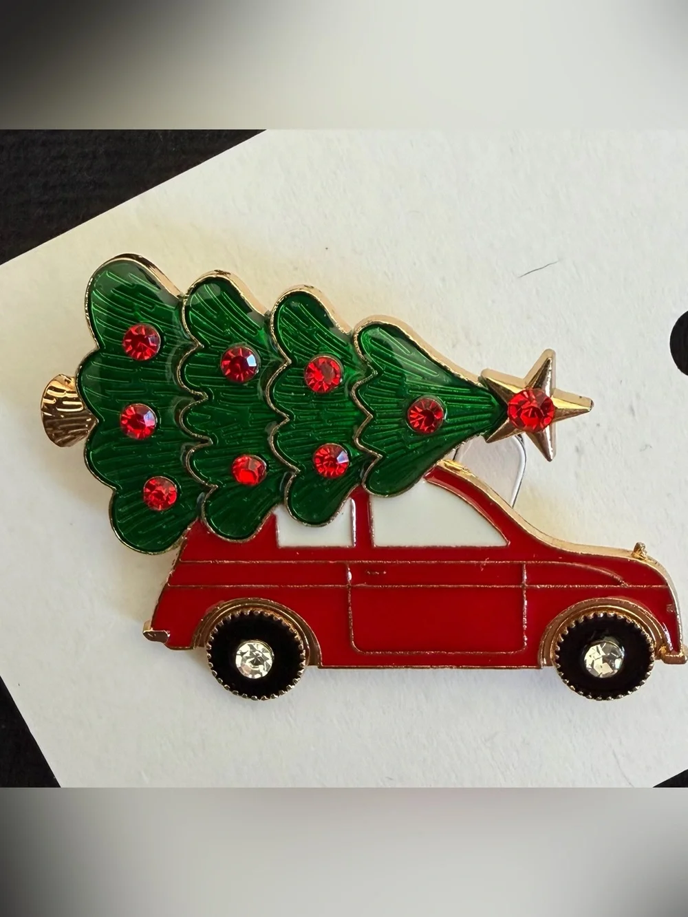 Festive Holiday Red Car Brooch Green Tree w/ Red Rhinestones